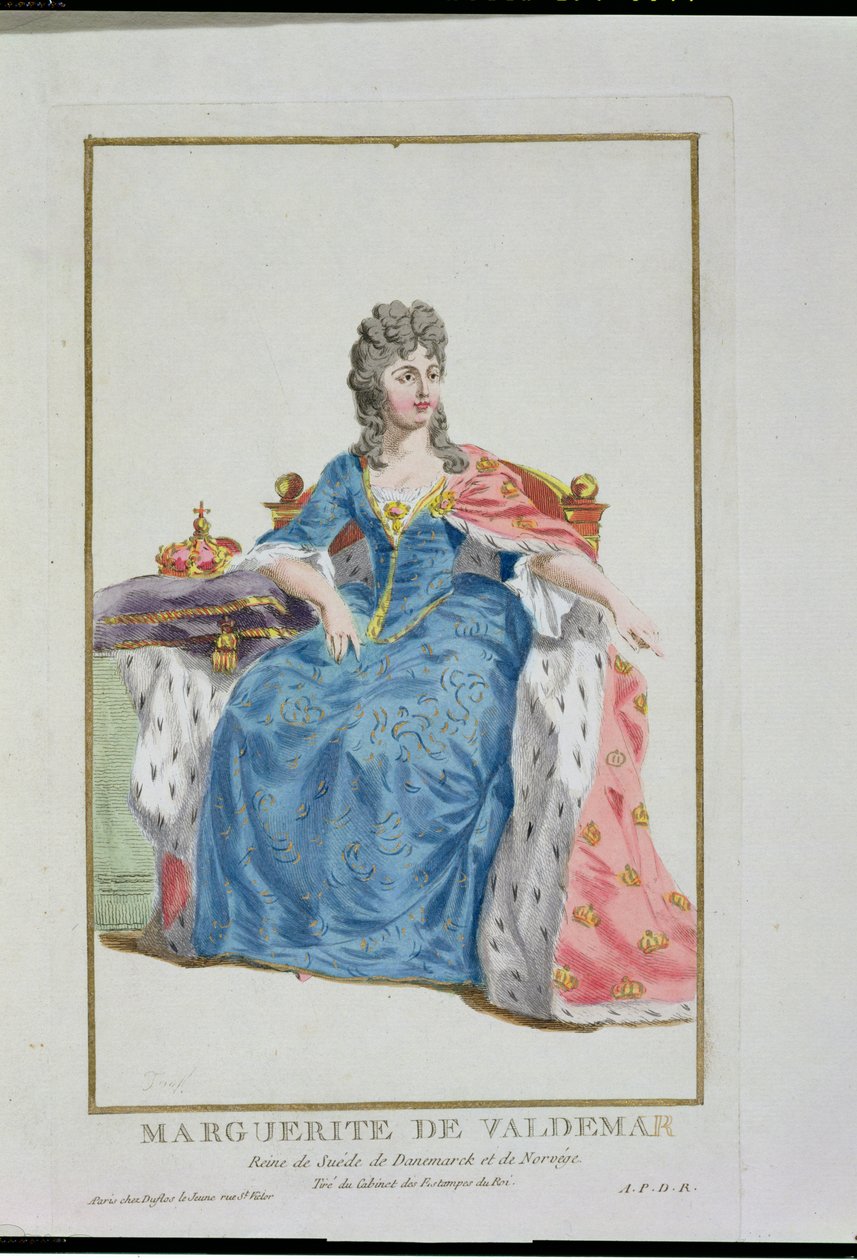 Markéta (1353-1412) královna Dánska, Norska a Švédska, z „Receuil des Estampes, reprezentující hodnosti a hodnostáře, podle kostýmu všech existujících národů“, vydané v roce 1780 (ruka od Pierre Duflos