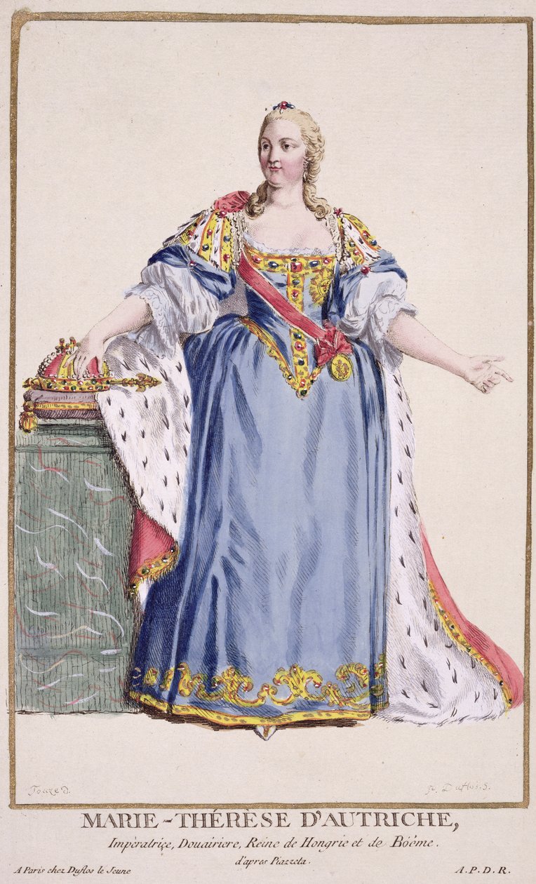 Marie Terezie (1717-80) rakouská císařovna, z „Recueil des Estampes, reprezentující hodnosti a hodnostáře podle kroje všech existujících národů“, vydáno 1780 (ručně kolorovaná engr. od Pierre Duflos