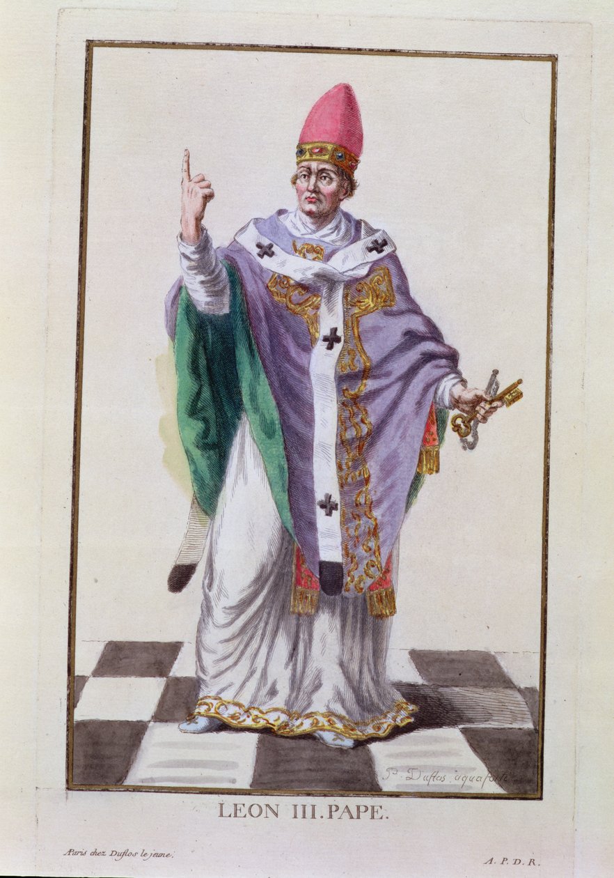 Papež Lev III (795-816) z knihy "Receuil des Estampes, representant les Rangs et les Dignites, suivant le Costume de toutes les Nations existantes", vydané roku 1780 (ručně kolorovaná rytina) od Pierre Duflos