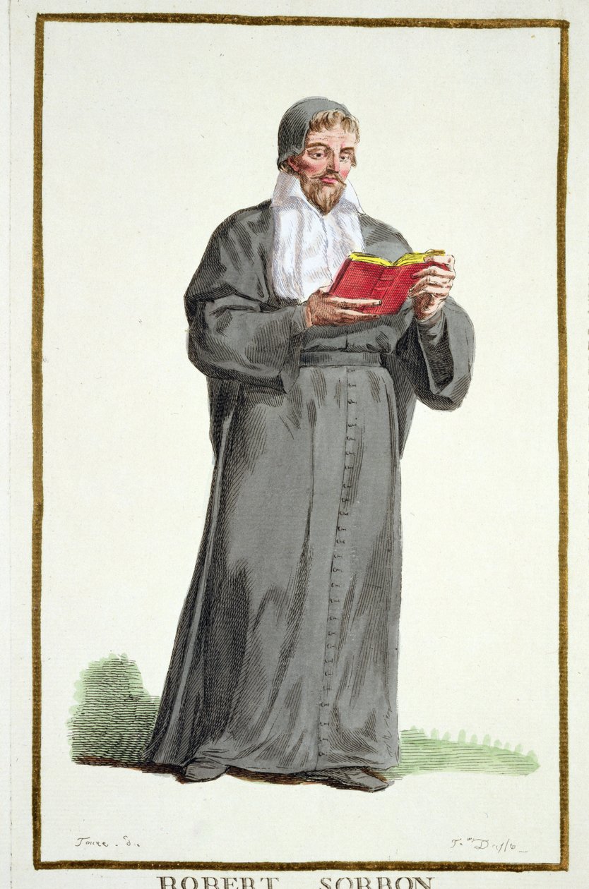 Robert de Sorbon (1201-94) z „Receuil des Estampes, reprezentující hodnosti a hodnostáře podle kostýmu všech existujících národů“, vydáno 1780 (ručně kolorovaná rytina) od Pierre Duflos