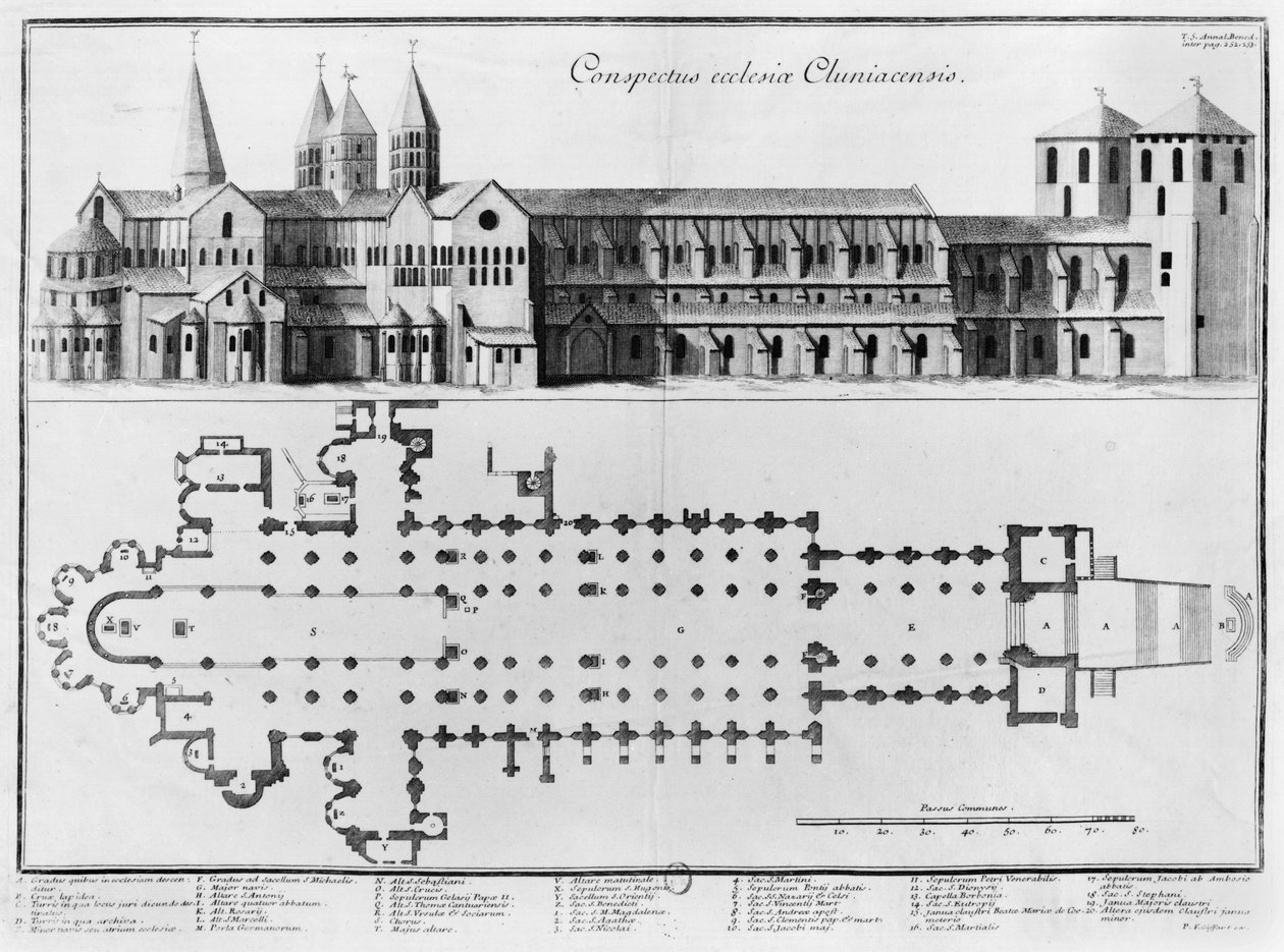 Plán a výška Cluny Abbey od Pierre Giffart