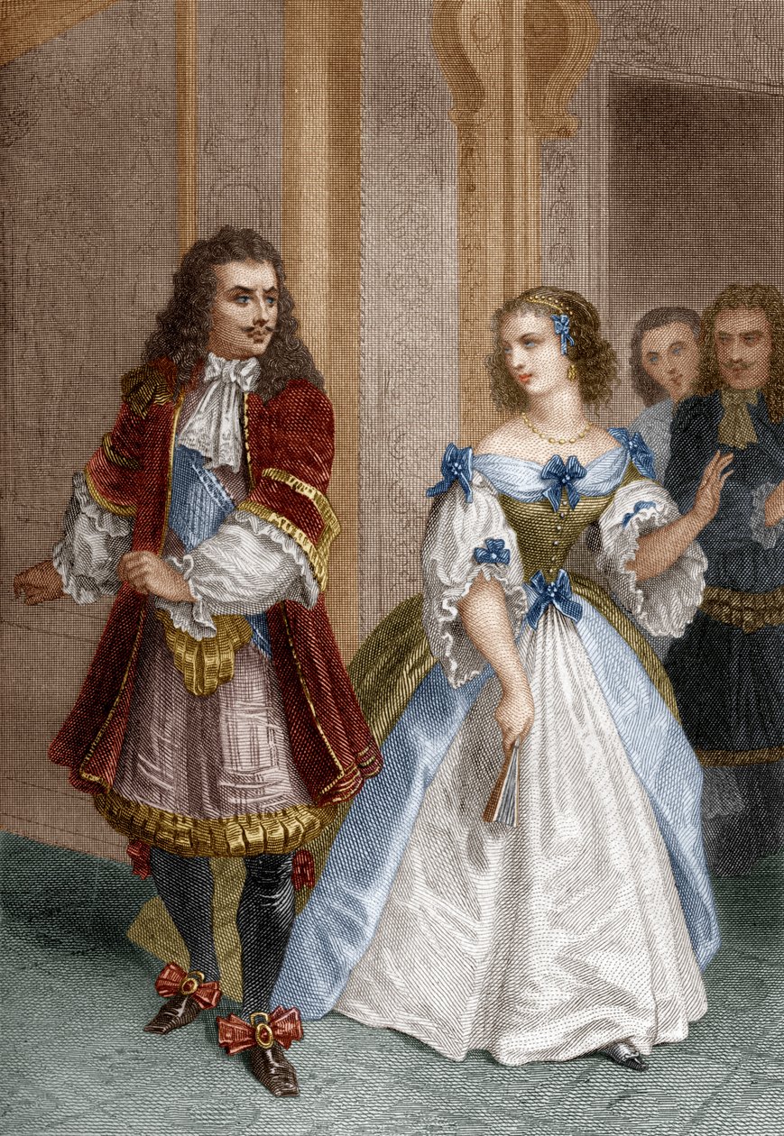 Postavy z Misantropa od Moliere: Alceste, Celimene, Eliante, Philinte, rytina od Delannoye, 1870 od Pierre Gustave Eugene 1817 82 after Staal