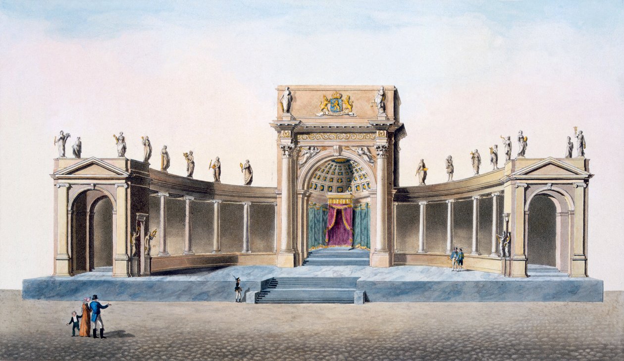 Divadlo v Bruselu postavené pro inauguraci krále v roce 1815, z „Výběr nejpozoruhodnějších památek, budov a domů Nizozemského království“, vydané v roce 1827 od Pierre Jacques Goetghebuer