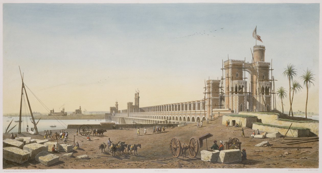 Přehrada na Nilu, stavba Asuánské přehrady, rytina Philippe Benoist (1813-1905) a Eugene Ciceri (1813-90) 1853 od Pierre Joseph Bazin