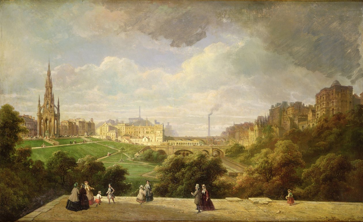 Pohled na Edinburgh, památník Waltera Scotta od Pierre Justin Ouvrie