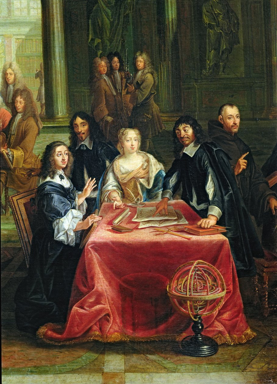Christina Švédská (1626-89) a její dvůr: detail královny a René Descartes (1596-1650) u stolu (viz 28038) od Pierre Louis the Younger Dumesnil