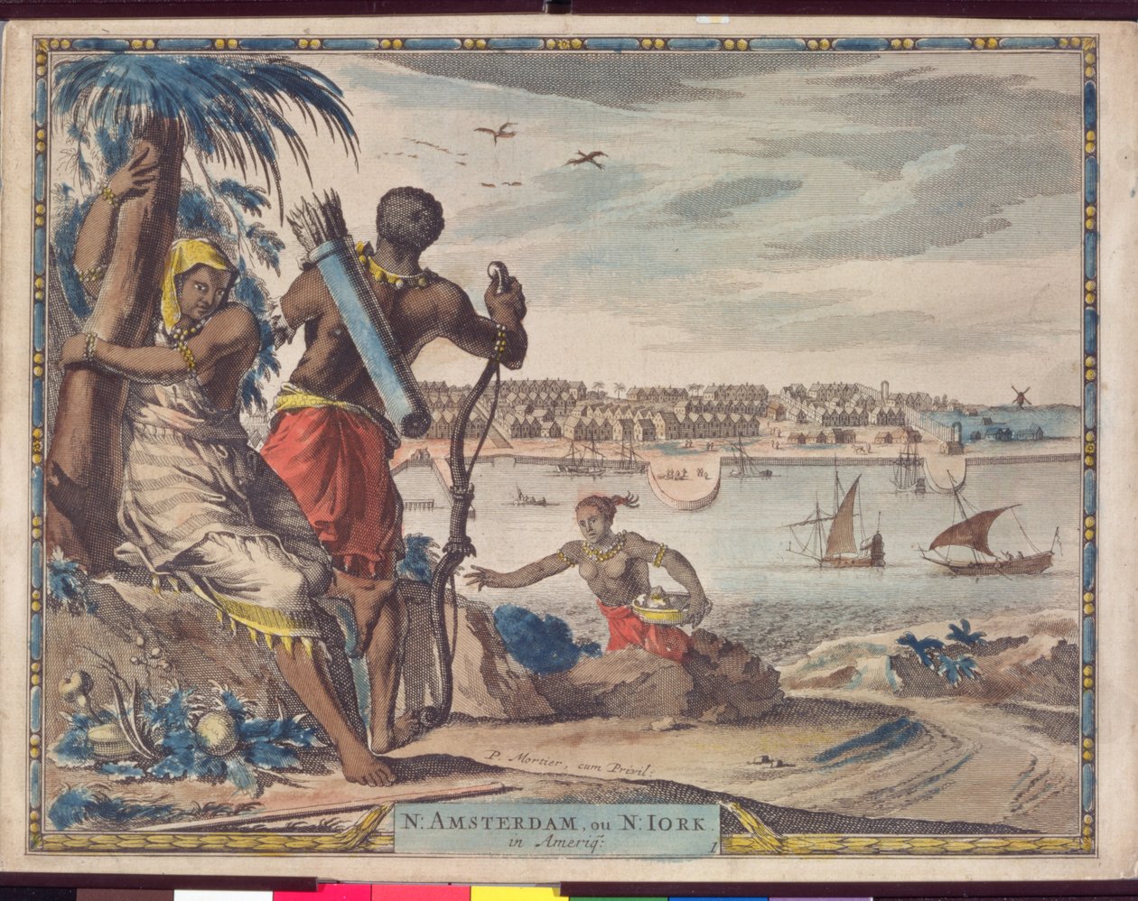 New Amsterdam nebo New York v Americe, asi 1700 (hnědá tuš na papíře) od Pierre Mortier