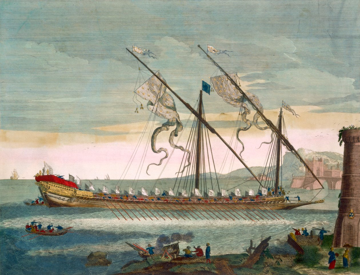 Olověná galéra při plavbě na vesle, z knihy "Le Naptune Francois", asi 1693-1700 (ručně kolorovaná rytina) od Pierre Mortier