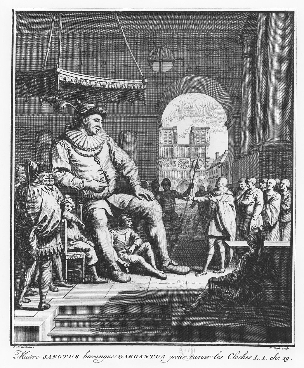 Mistr Janotus namlouvá Gargantuovi, aby vrátil zvony, ilustrace z „Života Gargantua a Pantagruela“, od Françoise Rabelaise od Pierre Tanje