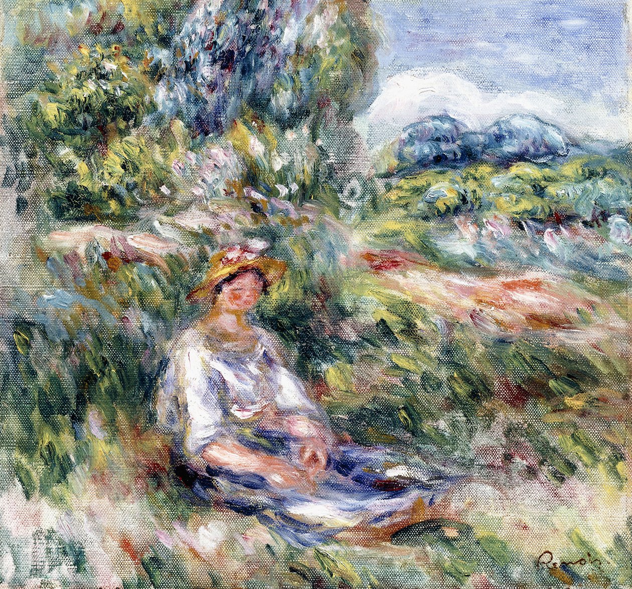 Mladá žena sedící na louce, od Pierre Auguste Renoir