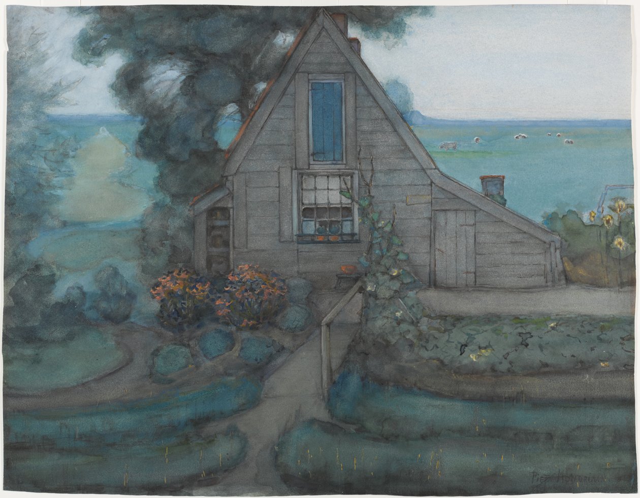 Trojúhelníková fasáda statku s poldrem v modré barvě, cca 1900 (wc a kvaš na papíře) od Piet Mondrian