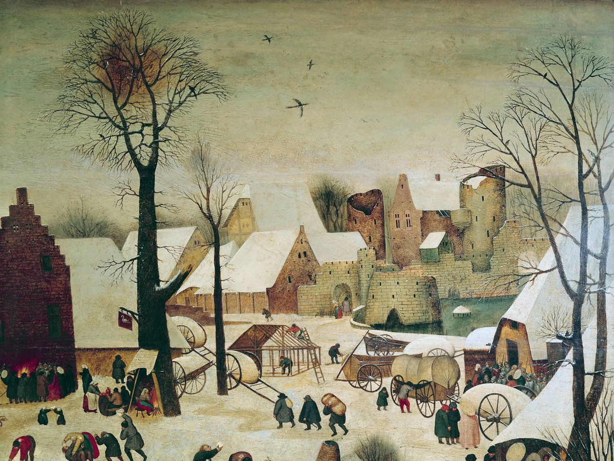 Sčítání lidu v Betlémě, detail domů a opevnění od Pieter Brueghel the Younger