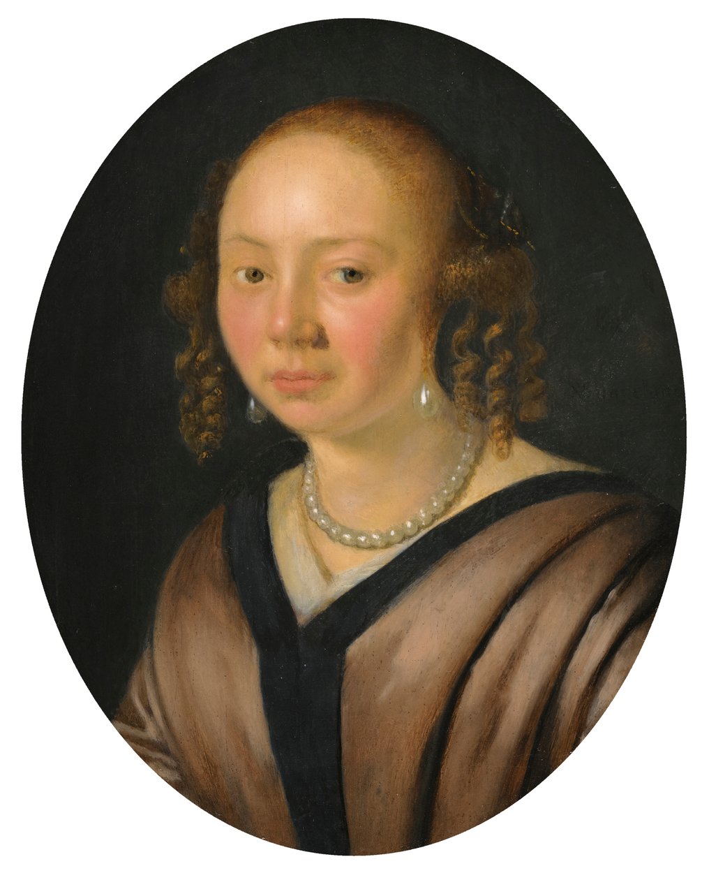 Portrét dámy, náušnice a náhrdelník tvořící hlavu a ramena od Pieter Cornelisz van Slingelandt