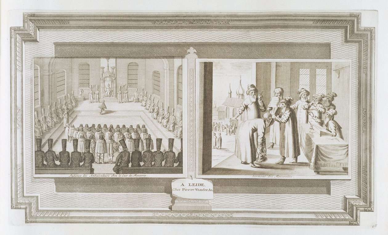 Scény zachycující audienci velvyslance s ruským carem a Moskvany při složení přísahy, z „La Galerie Agreable du Monde“, 1729 od Pieter Van der Aa
