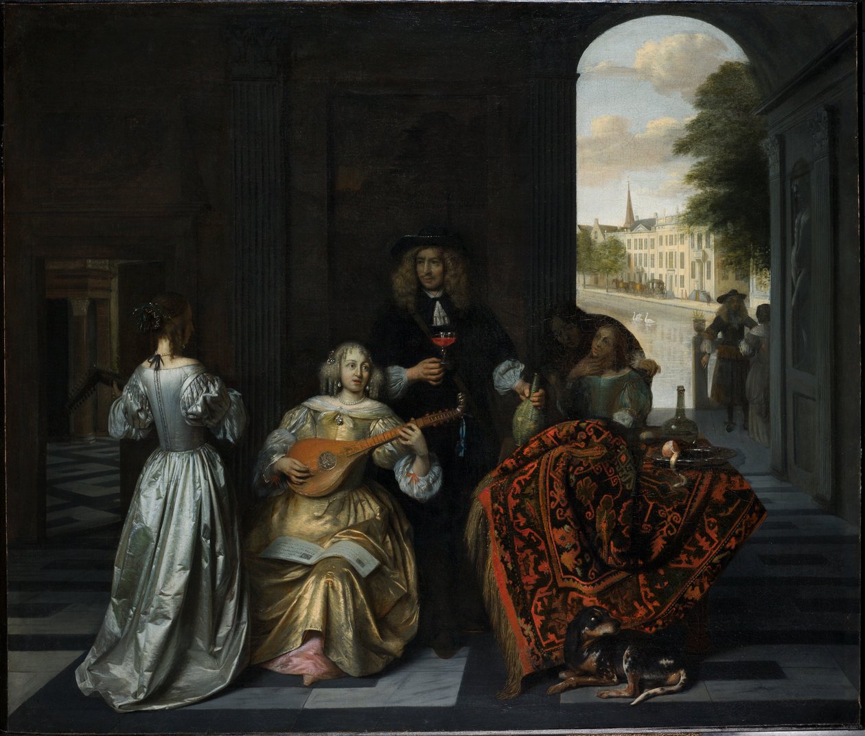 Hudební společnost ve výrazném interiéru od Pieter de Hooch