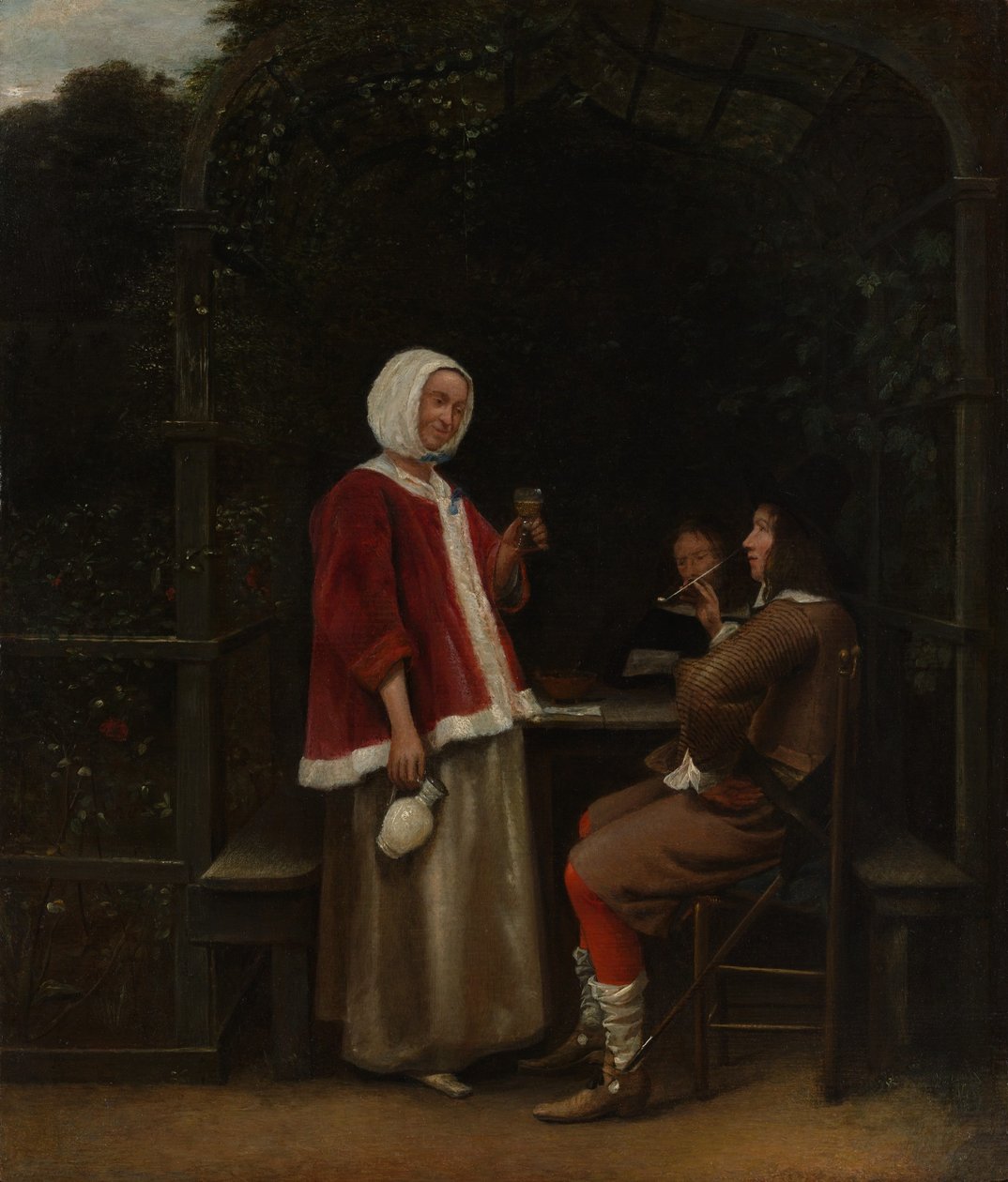 Žena a dva muži v altánu od Pieter de Hooch