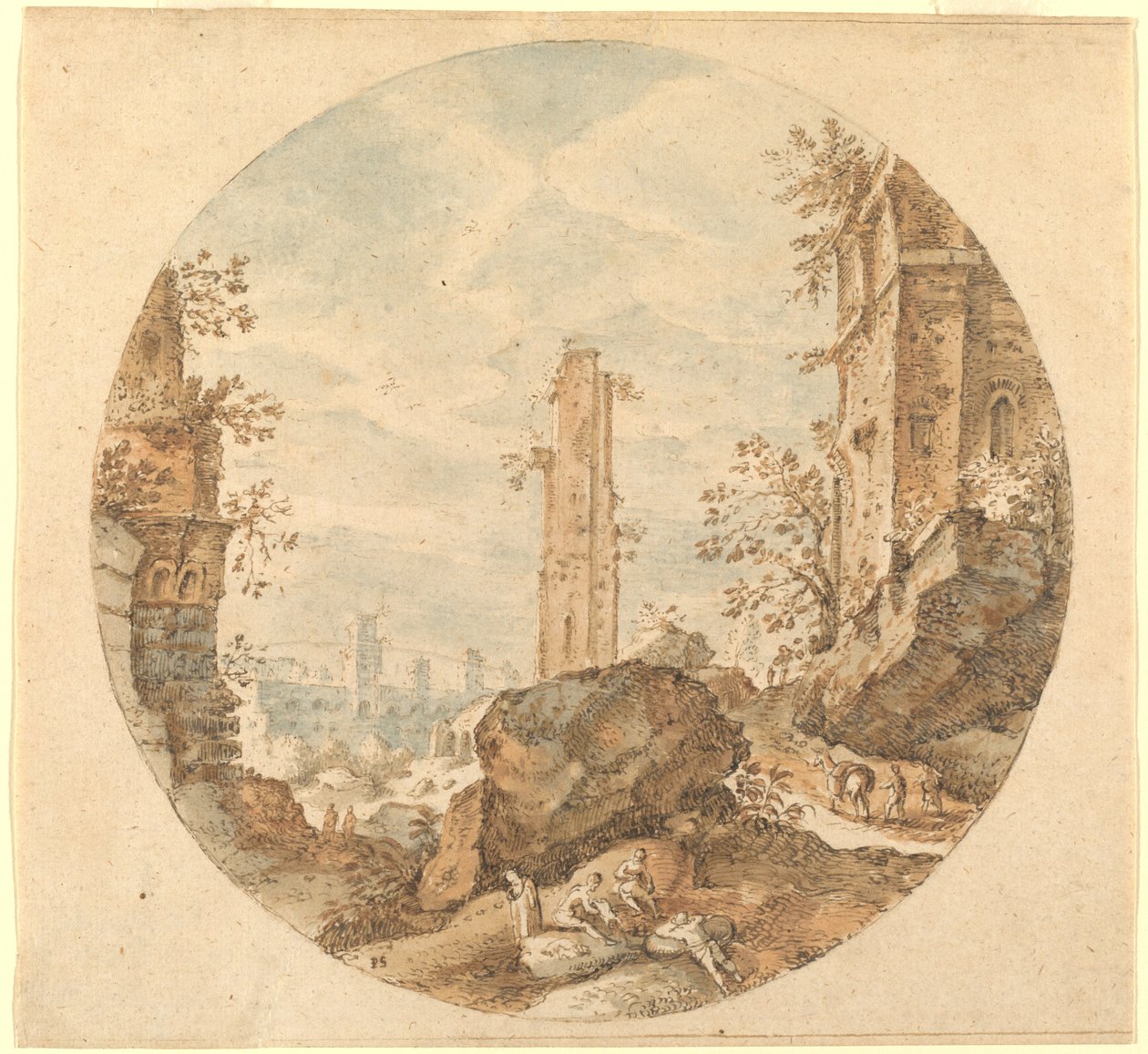 Cestovatelé mezi římskými ruinami od Pieter Stevens