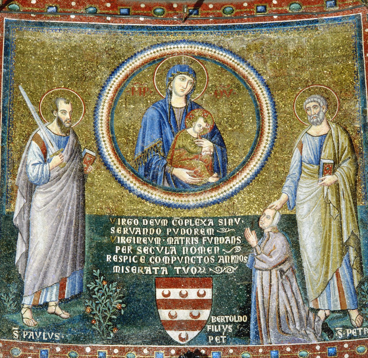 Madona s dítětem mezi svatými Petrem a Pavlem s patronem Stefaneschi (mozaika) od Pietro Cavallini