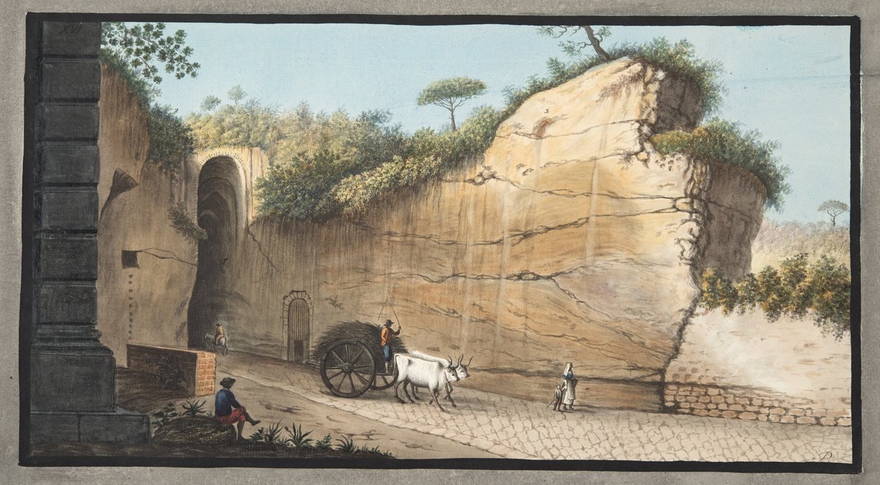 Vchod do jeskyně Pausilipo, deska XVI, z „Campi Phlegraei: Pozorování sopek na dvou Sicílii“, od Sira Williama Hamiltona (1730-1803), vydáno 1776 (ručně kolorovaná rytina) od Pietro Fabris