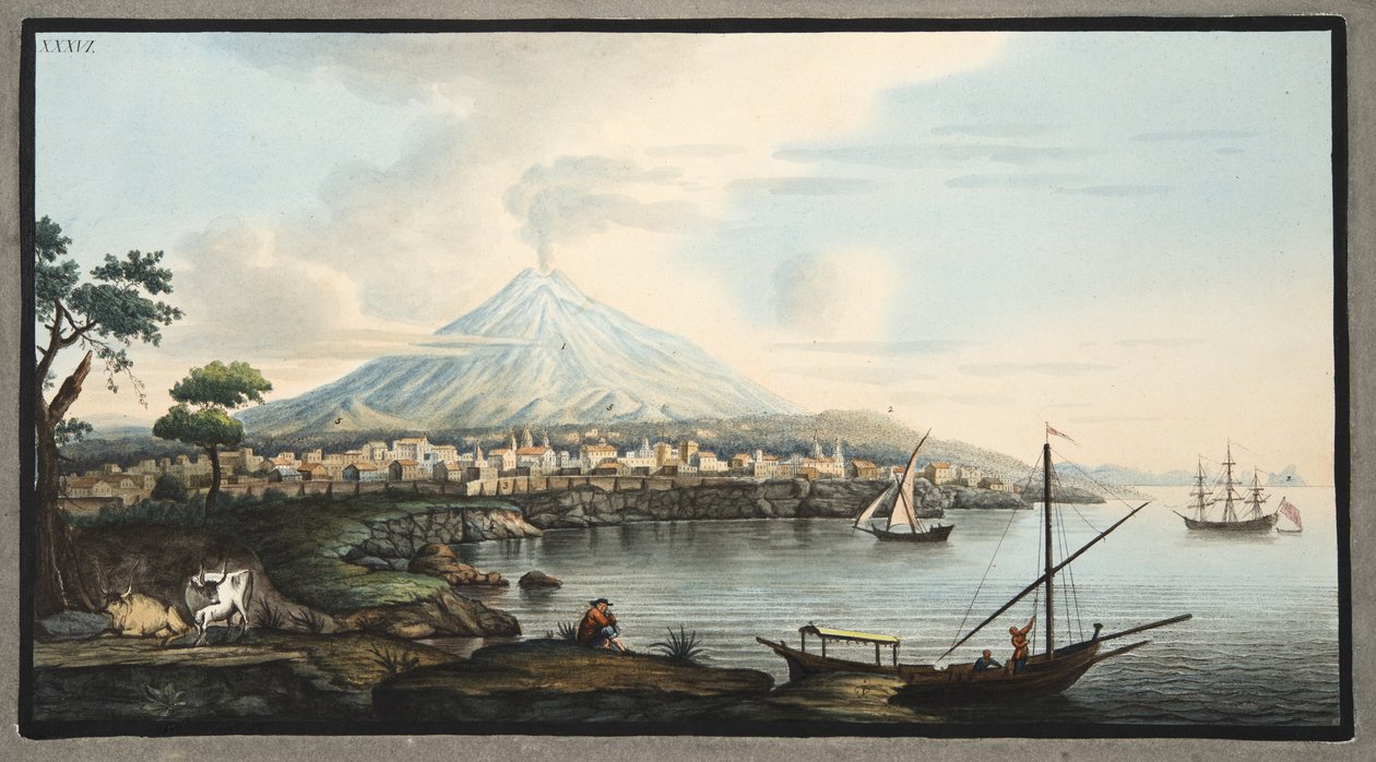 Vesuv, deska 36 z „Campi Phlegraei: Observations on the Volcanoes of the Two Sicilies“, od Sira Williama Hamiltona (1730-1803), publikováno 1776 od Pietro Fabris