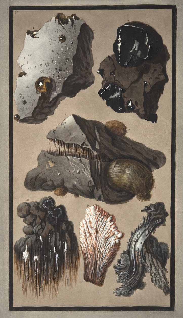 Vzorky sopečné hmoty z "Campi Phlegraei": Hamilton (1730-1803), vydáno v roce 1776 (ručně kolorovaná rytina). od Pietro Fabris