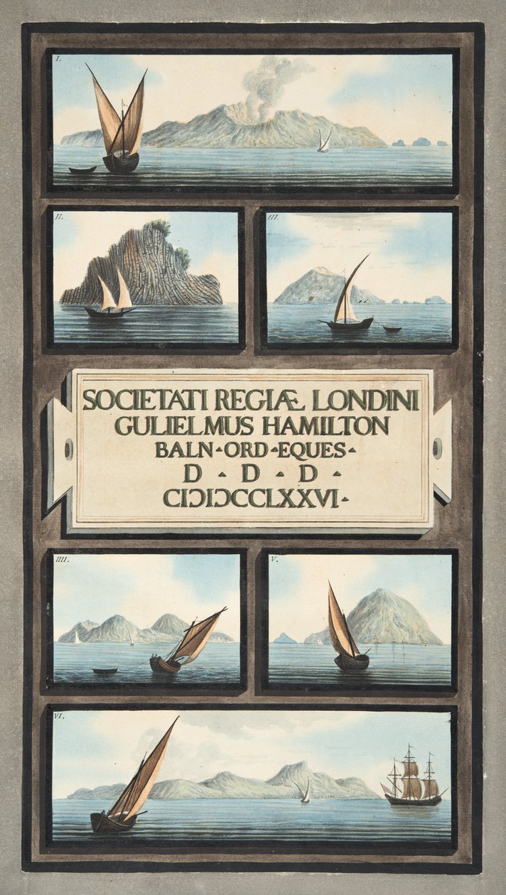 Titulní list a frontispis z knihy "Campi Phlegraei: Pozorování sopek na obou Sicíliích", autor Sir William Hamilton, vydáno 1776 (ručně kolorovaná rytina) od Pietro Fabris