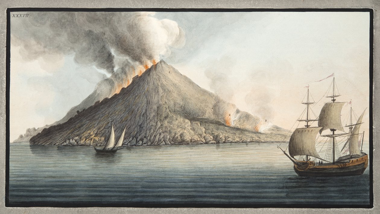 Pohled na ostrov Stromboli pořízený panem Fabrisem, deska XXXVII, z „Campi Phlegraei: Pozorování sopek na dvou Sicílii“, od Sira Williama Hamiltona (1730-1803), vydáno 1776 ( od Pietro Fabris
