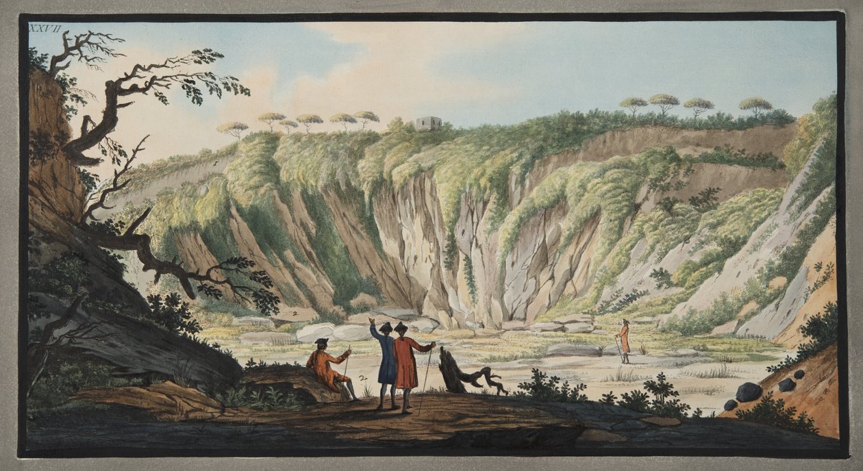 Pohled ze dna kráteru Monte Nuovo, deska XXVII, z „Campi Phlegraei: Observations on the Volcanoes of the Two Sicilies“, od Sira Williama Hamiltona (1730-1803), vydáno 1776 (ha od Pietro Fabris