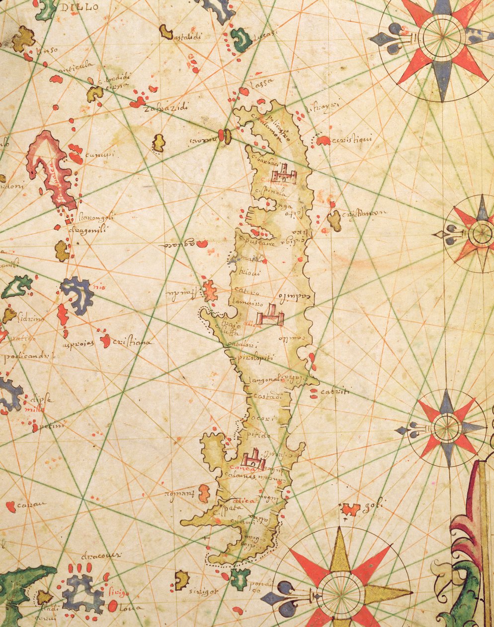 Ostrov Kréta, z námořního atlasu, 1651 (inkoust na pergamenu) (detail z 330925) od Pietro Giovanni Prunes