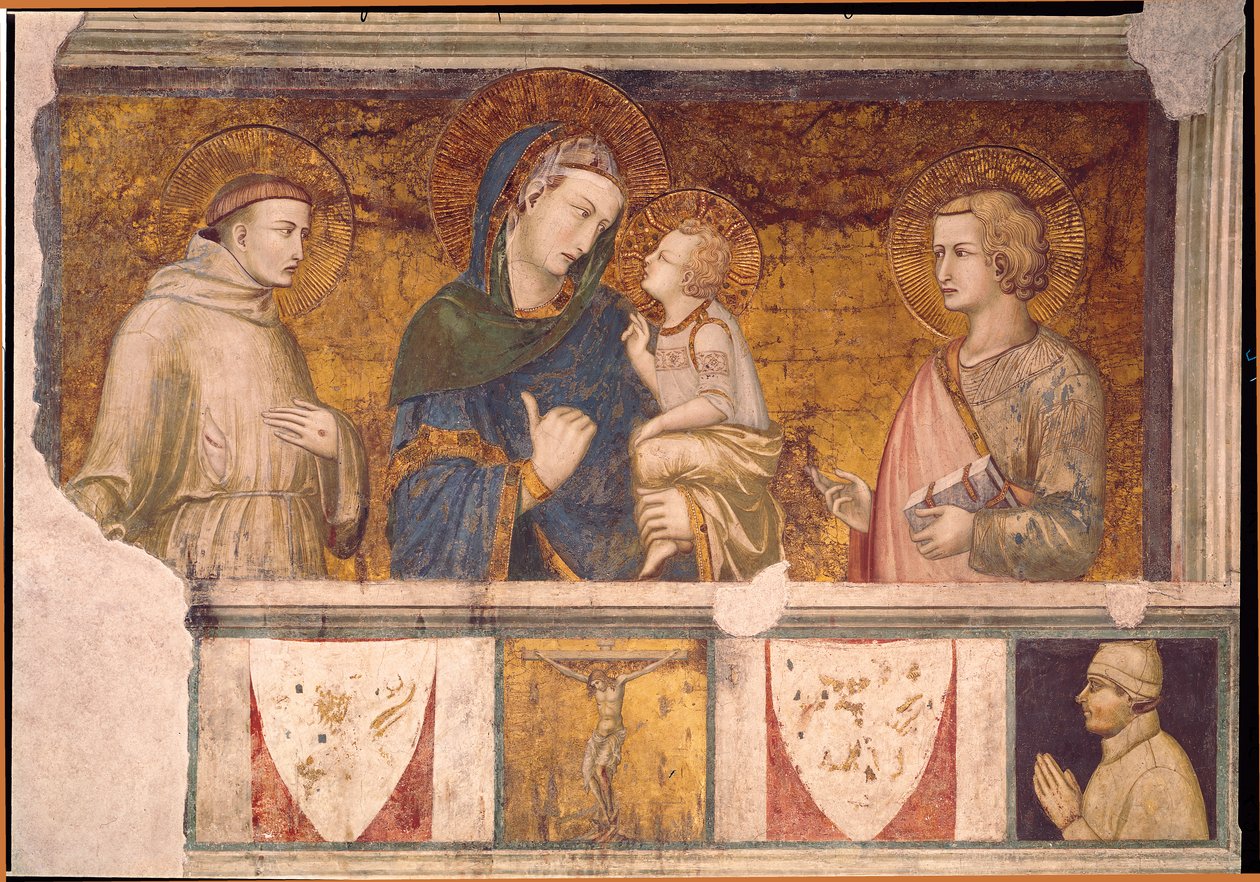 Panna s dítětem se svatým Františkem a svatým Janem Evangelistou od Pietro Lorenzetti