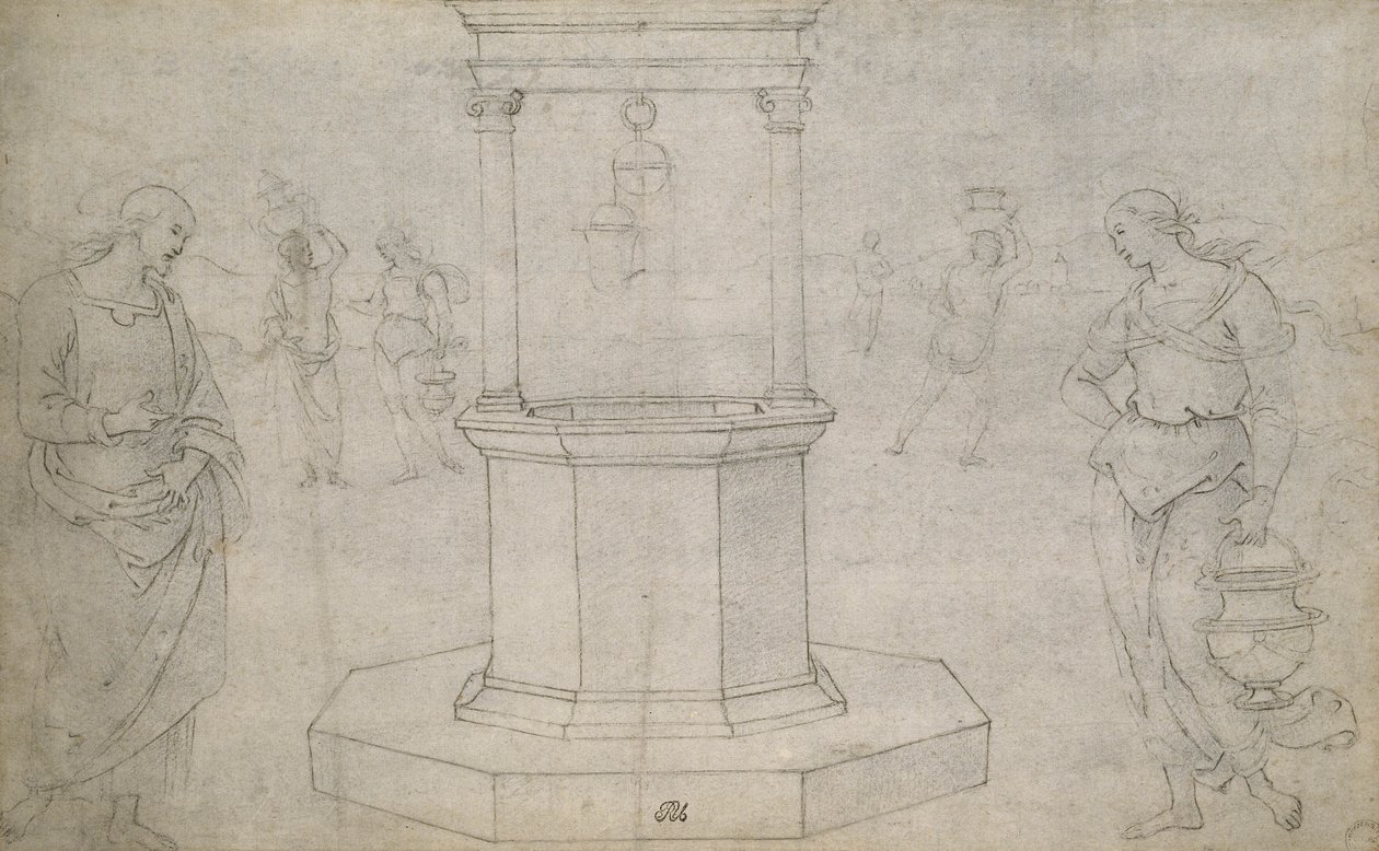 Kristus a žena Samaří (černá křída na špinavě bílém papíře) od Pietro Perugino