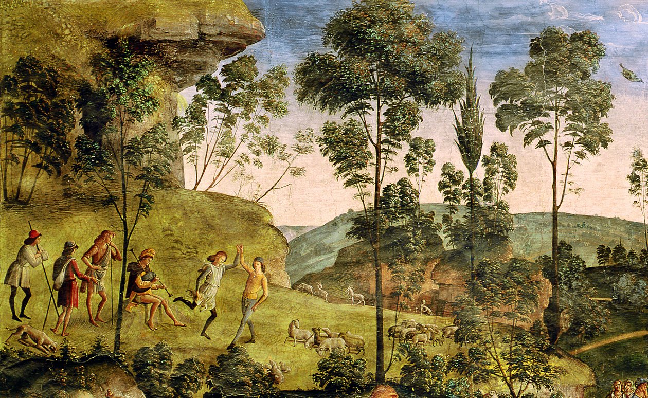 Pastýři a pastýři při muzice a tanci, detail z 