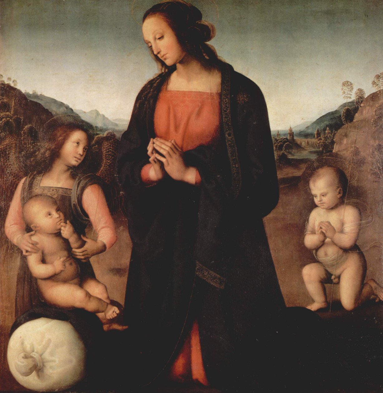 Marie uctívající dítě Krista s Janem Křtitelem a andělem (Madonna des Sacco) od Pietro Perugino