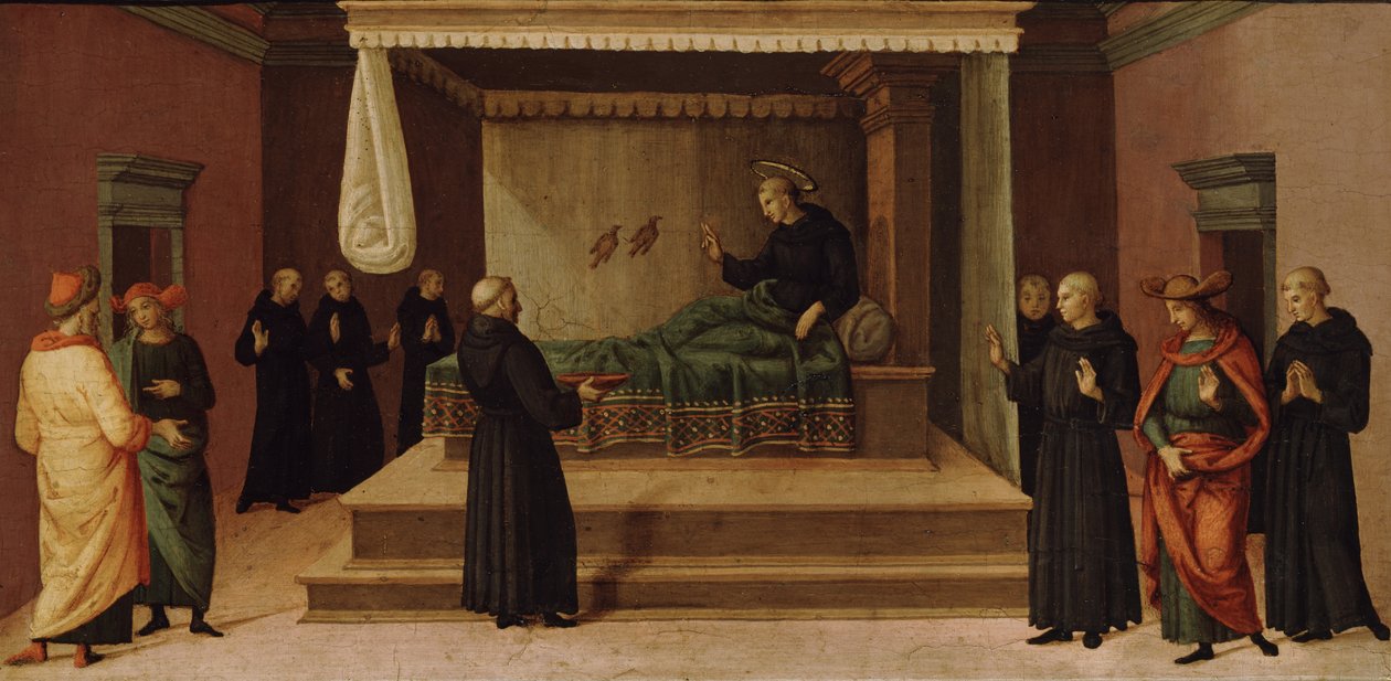 Svatý Mikuláš z Tolentina oživuje dvě koroptve, cca 1500-30 (tempera na dřevěné desce) od Pietro Perugino