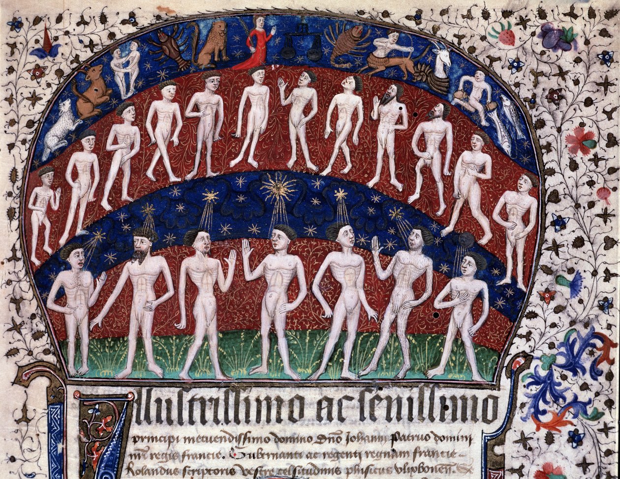 Lisabon, MS 52-XIII-18 f.1r, miniatura představující shody mezi orgány a planetami a vliv hvězd na nálady, z "Physionomia Rolandi Ulixbonensis", od Rolanduse Scriptorise od Portuguese School