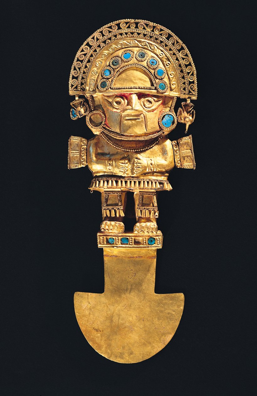 Tumi neboli obřadní nůž ve tvaru Naylamp, Chimu (zlato a polodrahokamy) od Pre Columbian