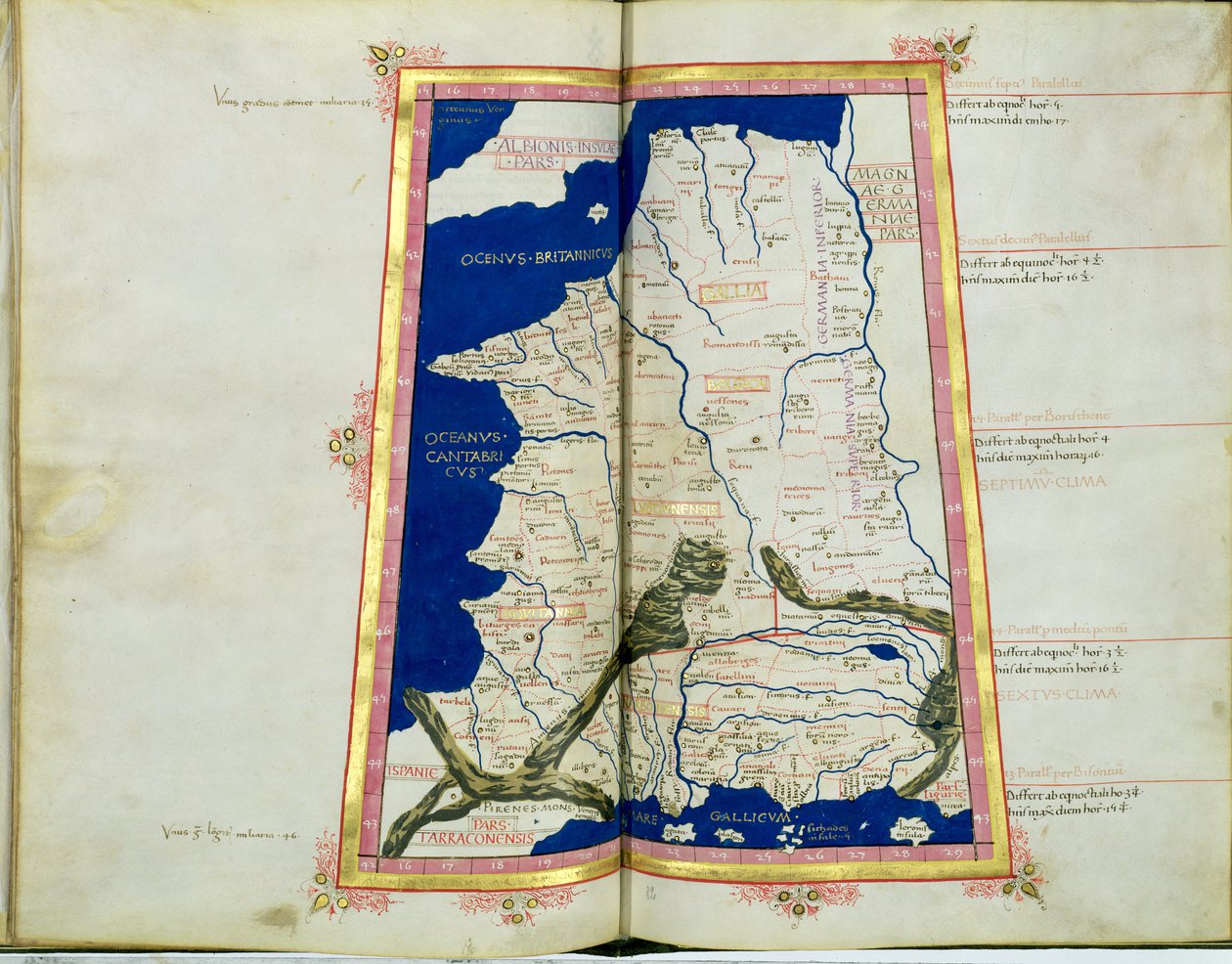 Ms Lat 463 fol.81v-82r Mapa Galie, Belgie, Lyonu a Akvitánie od Ptolemy