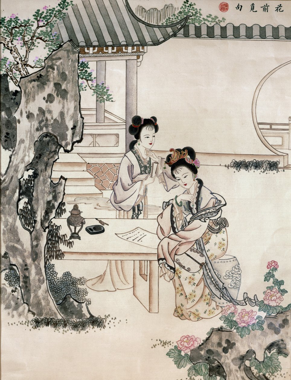 Čínské dámy v zahradě (wc a výšivka do vlasů) od Qing Dynasty Chinese School