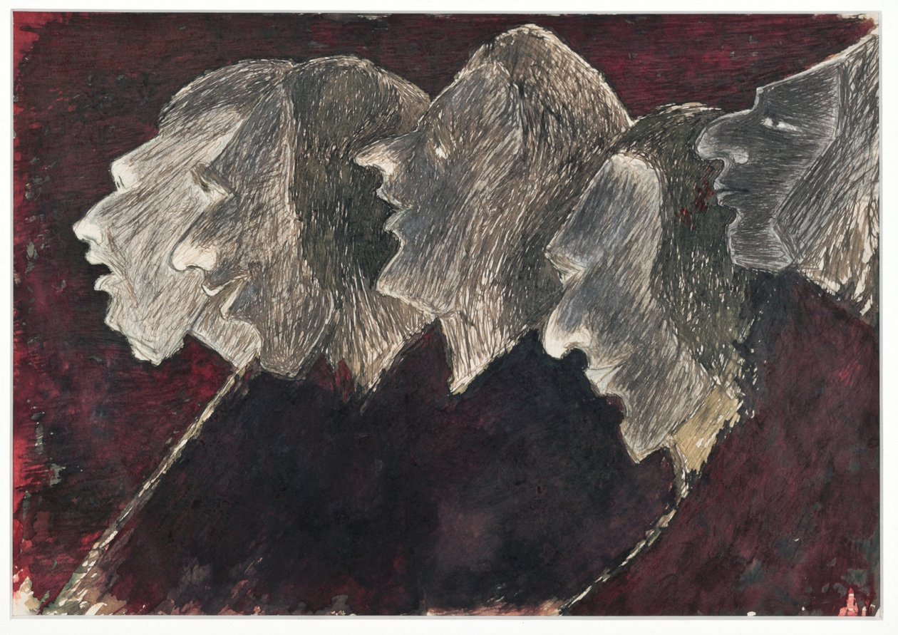 Pět profilů překrývajících se (inkoust na papíře) od Rabindranath Tagore