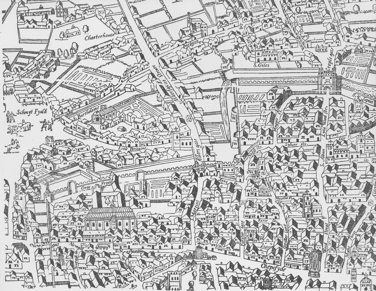 Detail londýnské zdi východně od Smithfieldu z dřevěného tisku Civitas Londinium od Ralph Agas