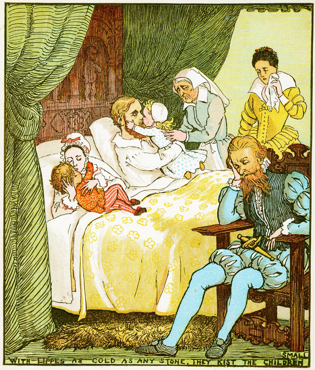 Se rty chladnými jako každý kámen líbají malé děti, ilustrace pro Babes in the wood, 1885 od Randolph Caldecott