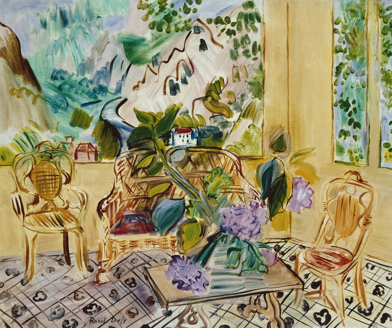 Okno ve slunečním pokoji, pohled na hory (olej na plátně) od Raoul Dufy