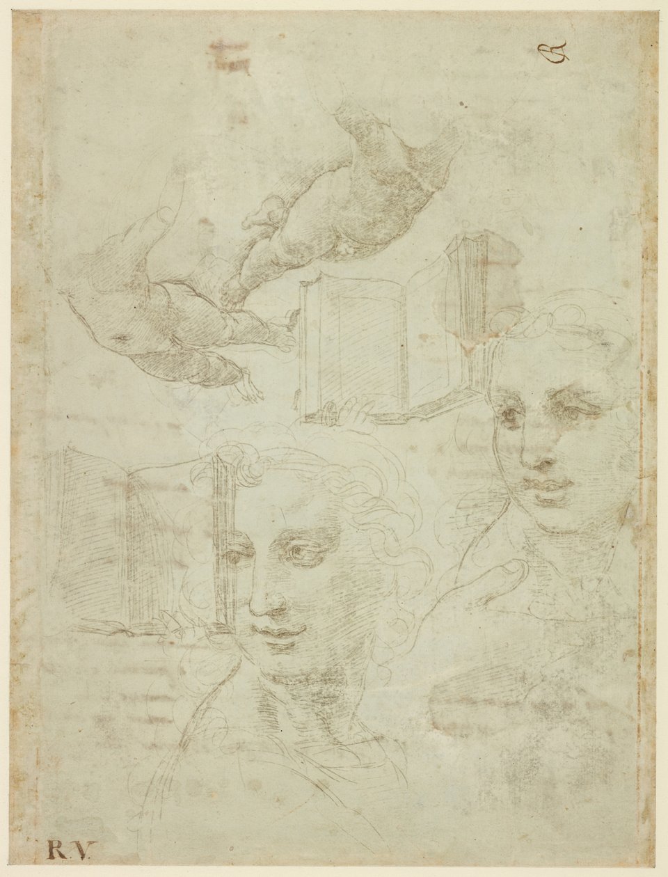 Recto: Dvě hlavy a další studie. Verso: Hrubý návrh sonetu "Come non podde dir", WA1846.188 od Raffaello Sanzio Raphael
