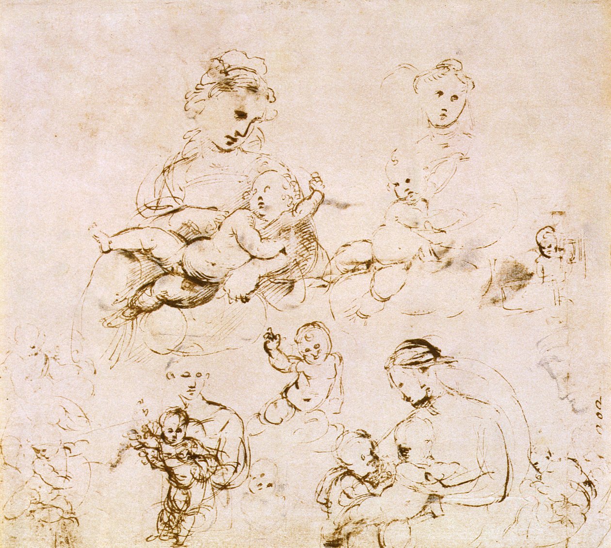 Několik studií Madony s dítětem (pero a inkoust) od Raffaello Sanzio Raphael