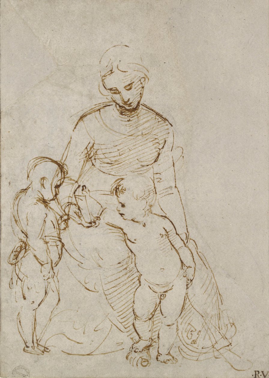 Panna a dítě se svatým Janem (pero a hnědý inkoust na bílém papíře) od Raffaello Sanzio Raphael