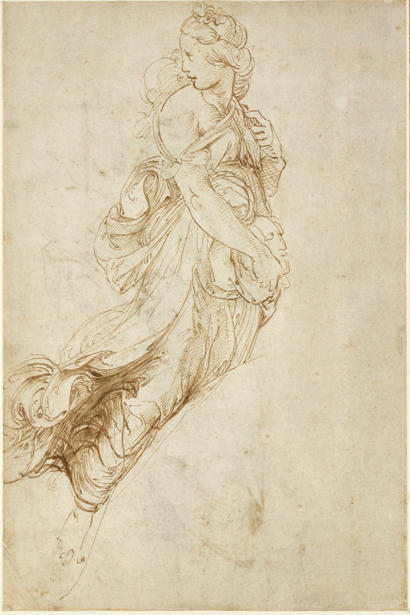 Recto: Study for the Figure of Melpomene, WA1846.182 (pero a hnědý inkoust přes slepý stylus) od Raffaello Sanzio Raphael