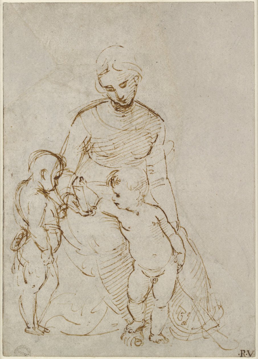 Recto: The Virgin and Child with St John (The Madonna del Cardellino), WA1846.160 (pero a hnědý inkoust přes slepý stylus, nějaké stopy olova nebo křídy) od Raffaello Sanzio Raphael