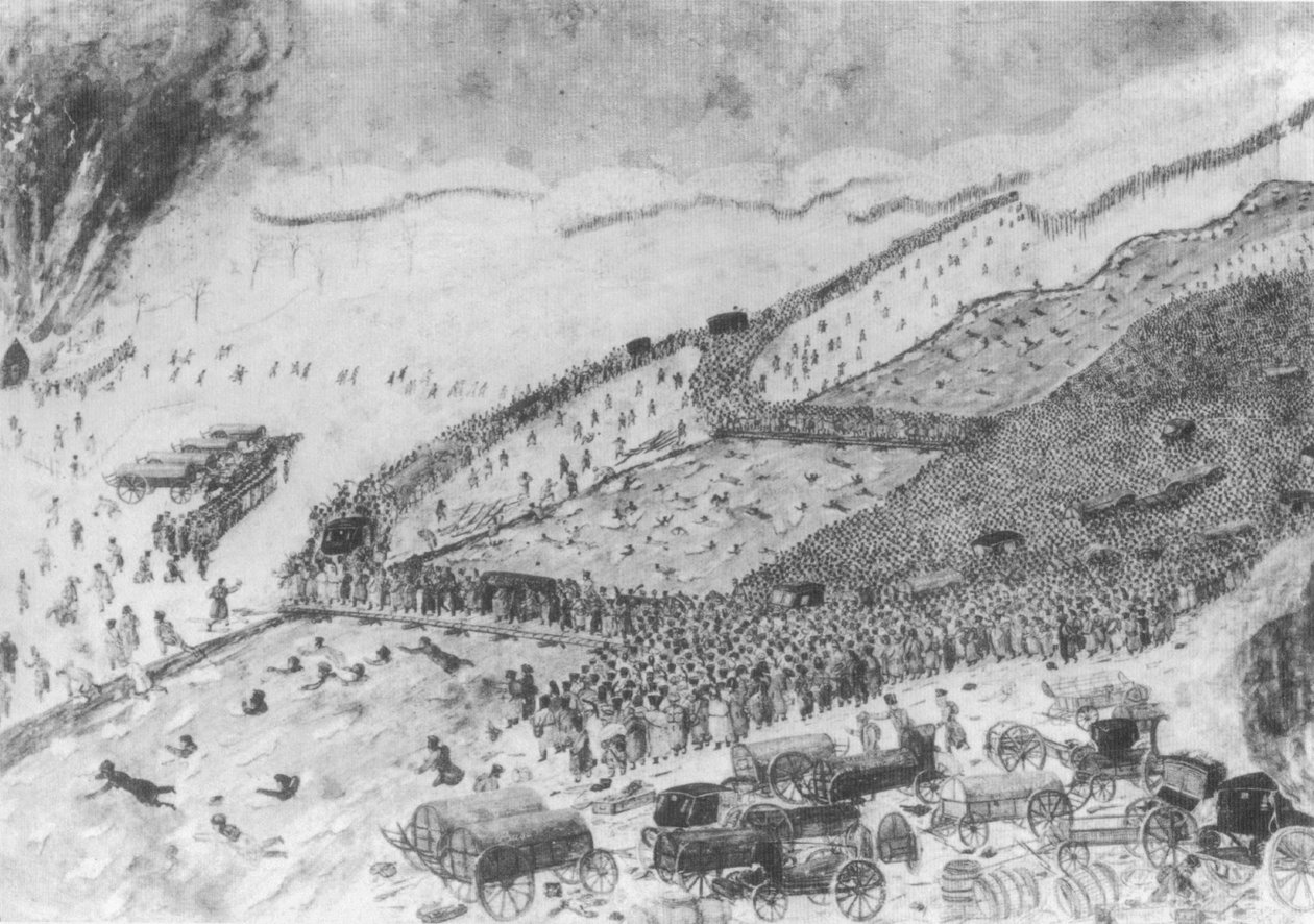 Průchod Bereziny, 26. listopadu 1812. Umělec se ještě nenarodil. Viz v této práci: Plán poručíka Swidyho. Na konci obou mostů překročila Grande Armee močály na hrázi. Vojáci jsou zastoupeni v plném rozsahu od Raymond Fournier Sarloveze