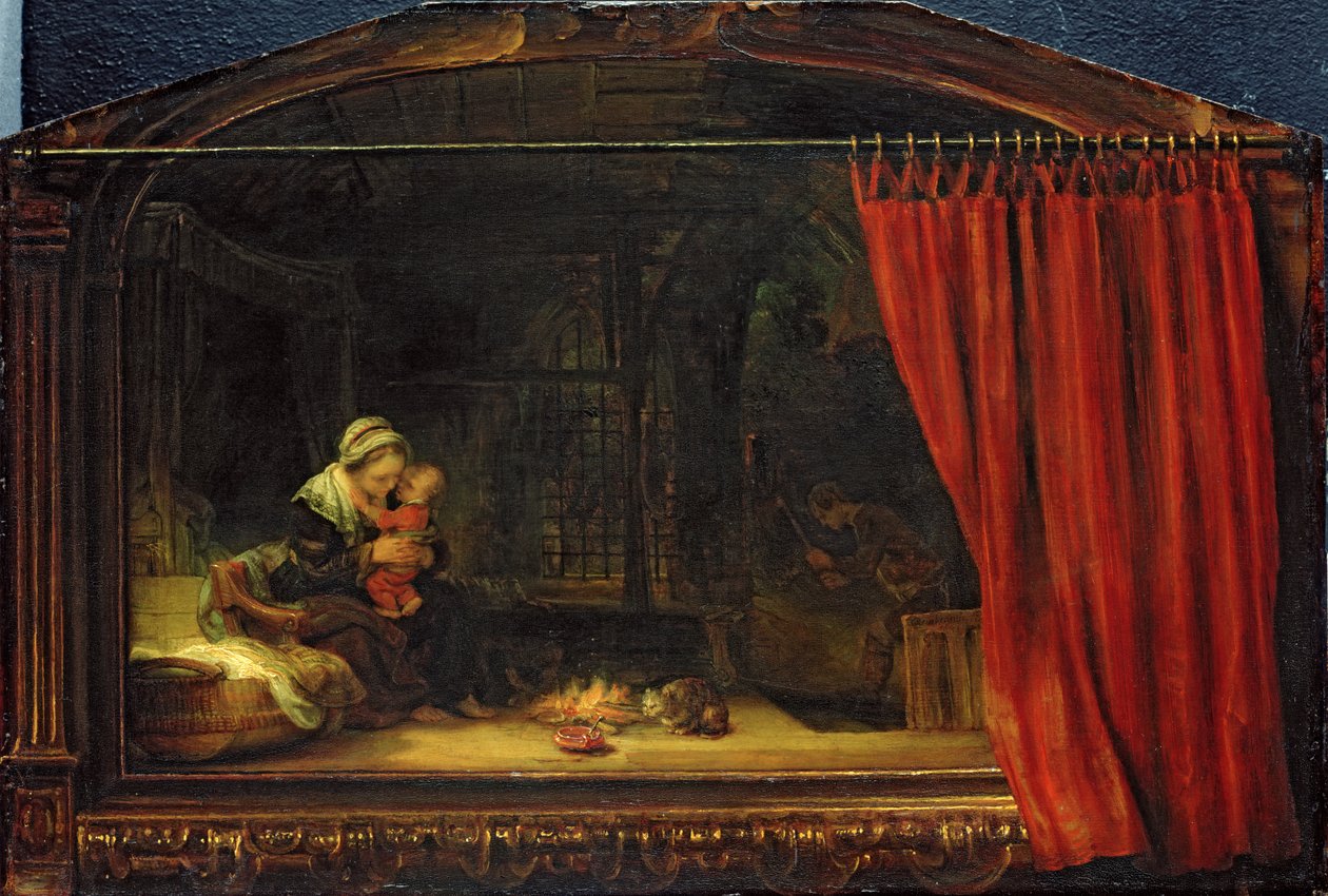 Svatá rodina s oponou, 1646 od Rembrandt van Rijn