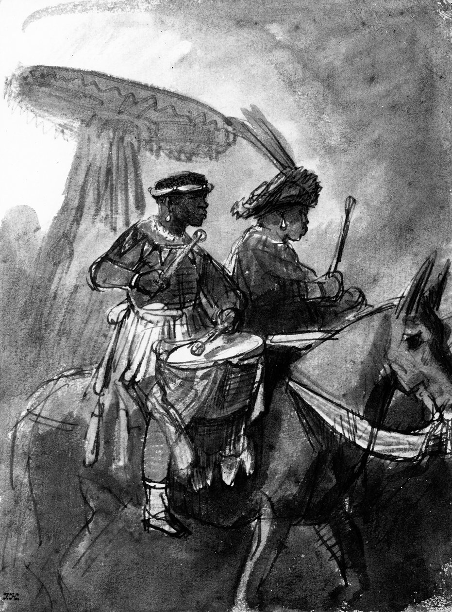 Bubeník a velitel namontovaný na mulách, cca 1638 (pero, inkoust a mytí na papíře) od Rembrandt van Rijn